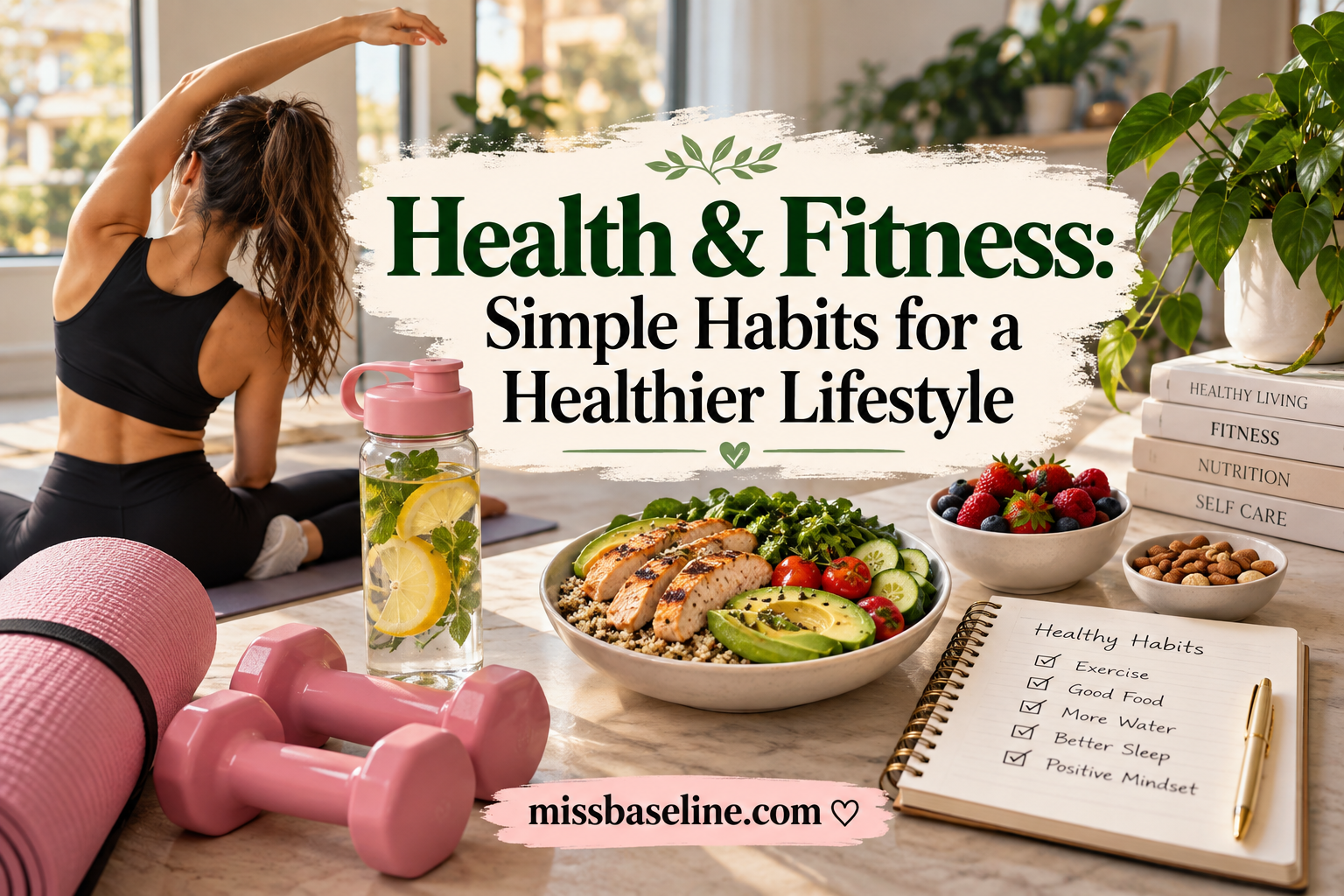 Health and fitness lifestyle with exercise, healthy food, hydration and daily wellness habits