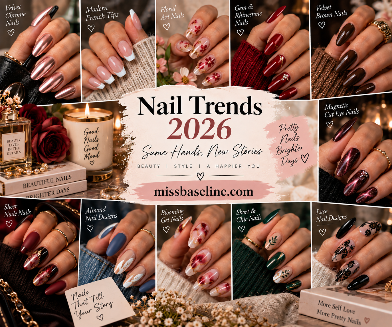 Trending nail designs 2026 featuring grey chrome, French tips, red rhinestone, cat-eye, almond, blooming gel and lace nails
