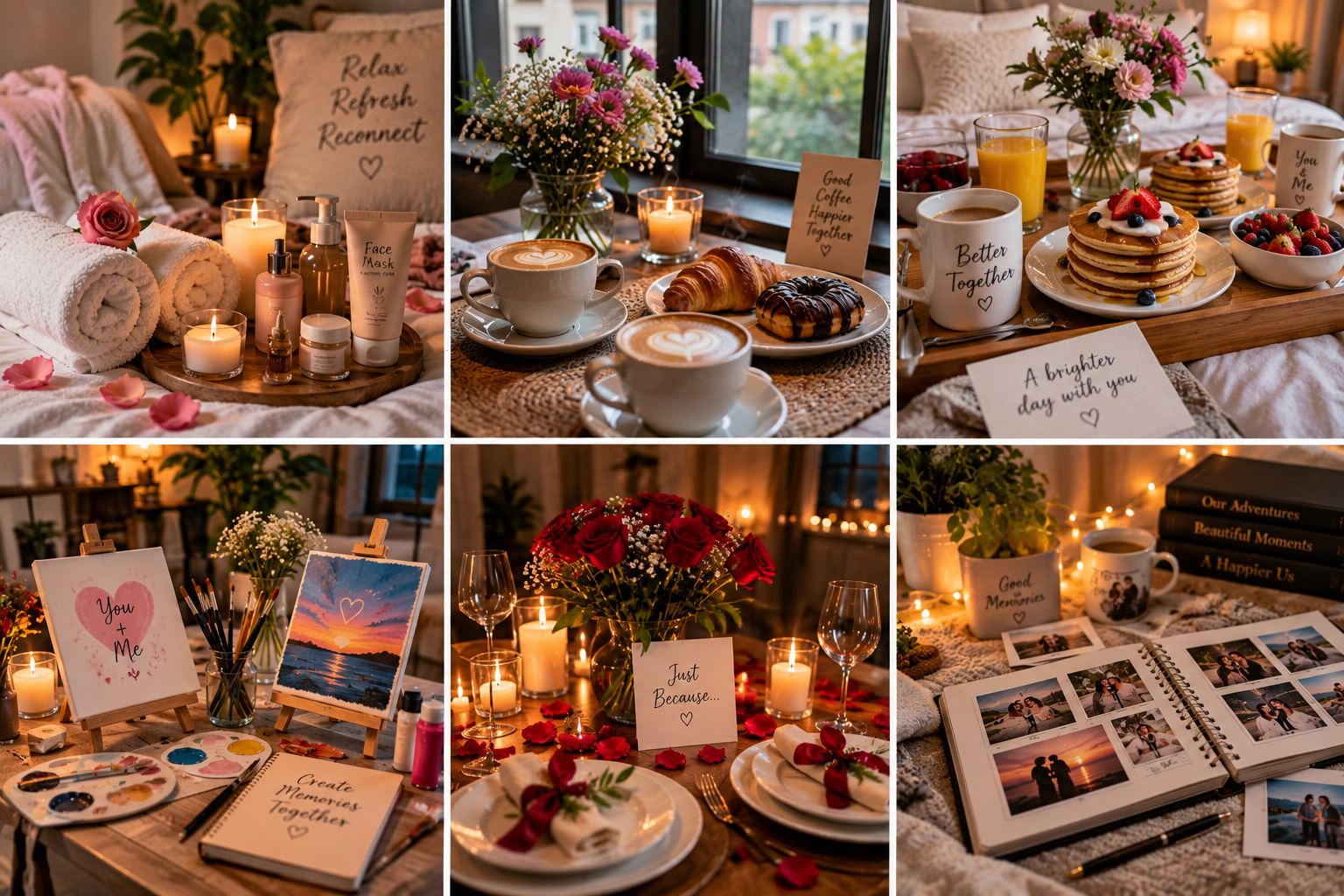 Cozy lifestyle collage featuring a self-care spa setup, coffee and pastries, a breakfast table, creative painting activities, a romantic candlelight dinner, and a photo memory album.