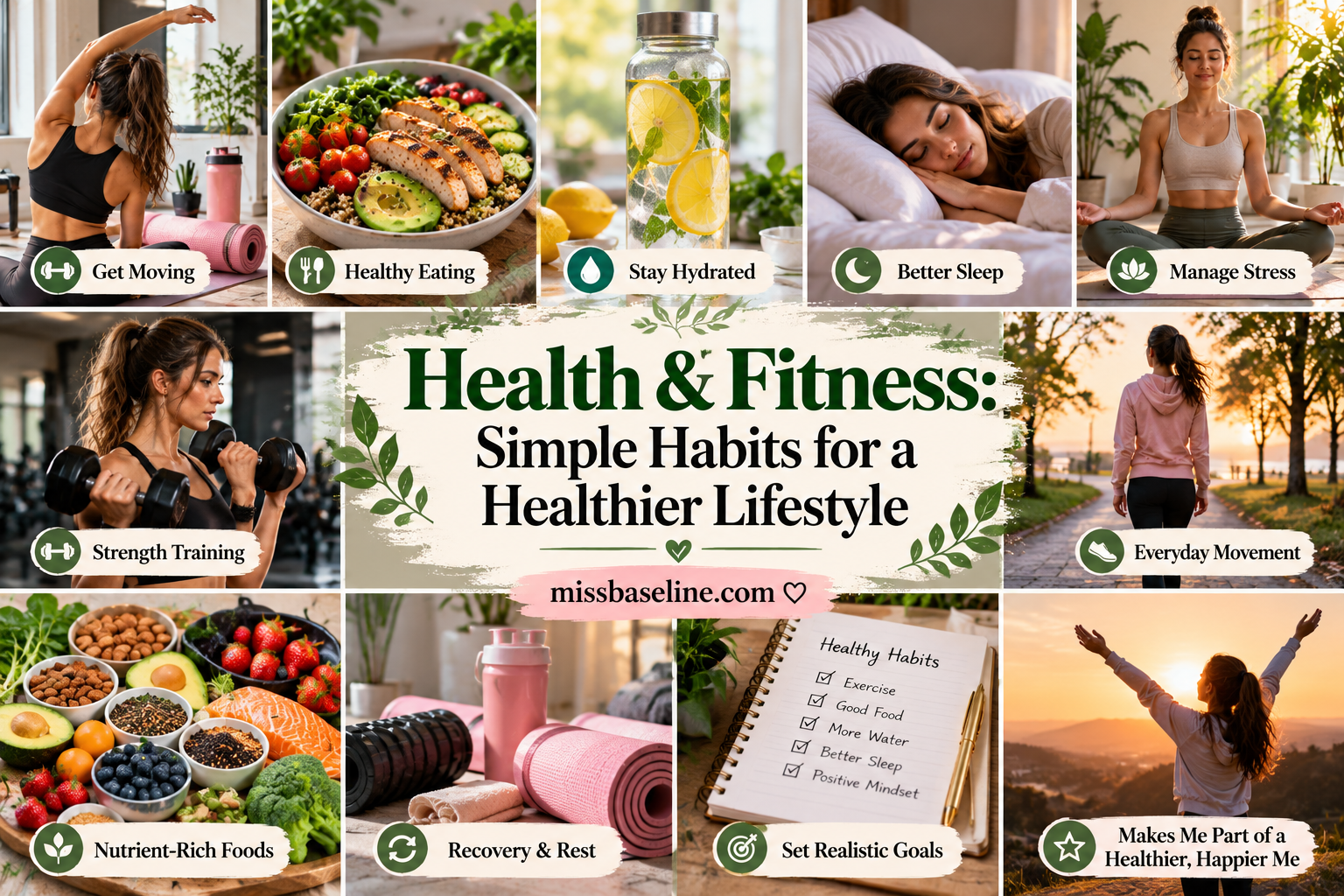Health and fitness habits featuring exercise, strength training, healthy eating, hydration, better sleep, stress management and recovery