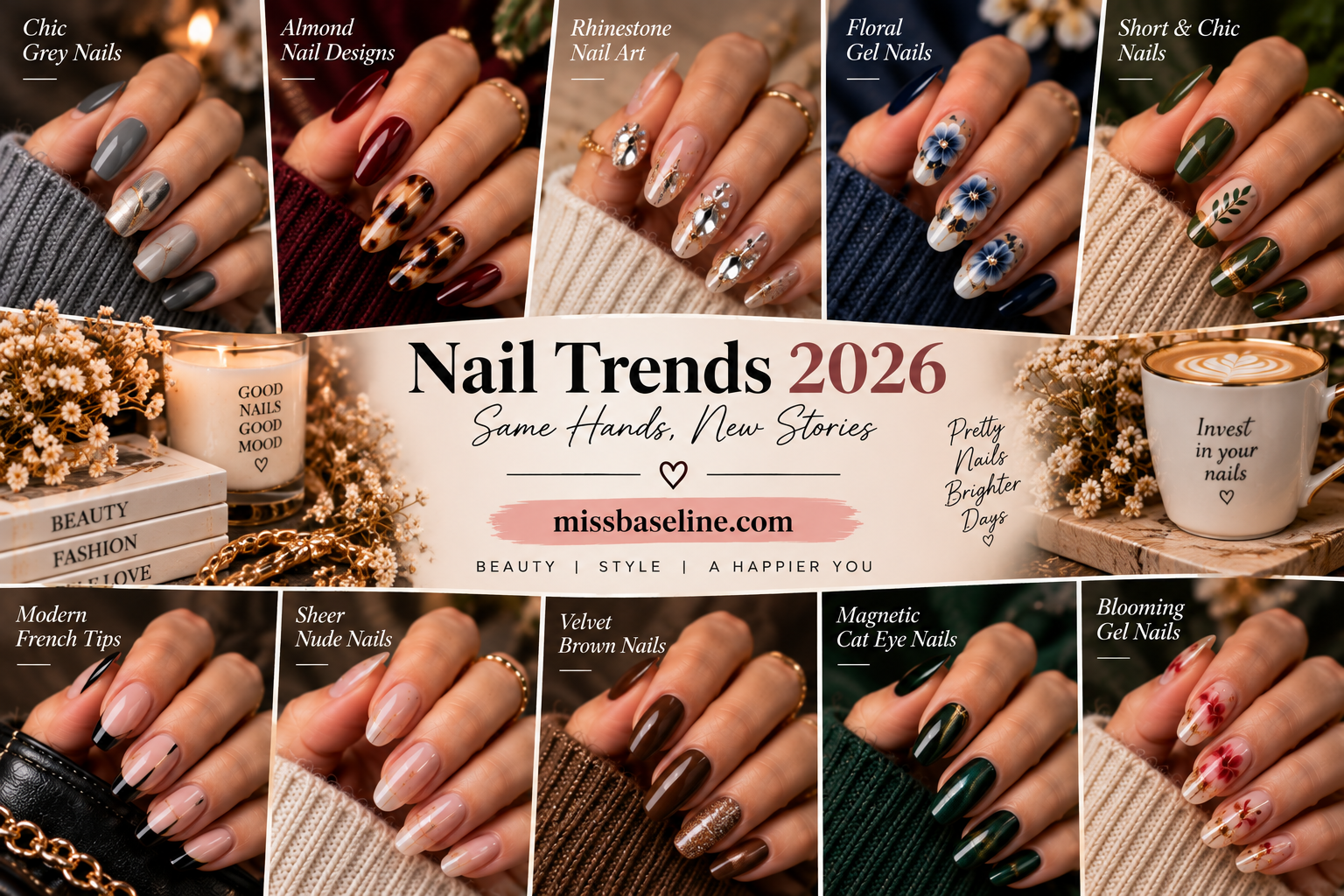 Trending nail designs 2026 featuring grey, burgundy, rhinestone, blue floral, cat-eye, French tip and velvet brown nails