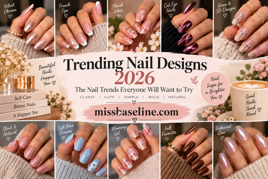 Trending Nail Designs 2026: The Nail Trends Everyone Will Want to Try Trending nail designs for 2026 featuring chrome, French tips, cat-eye, floral, blue and natural nails