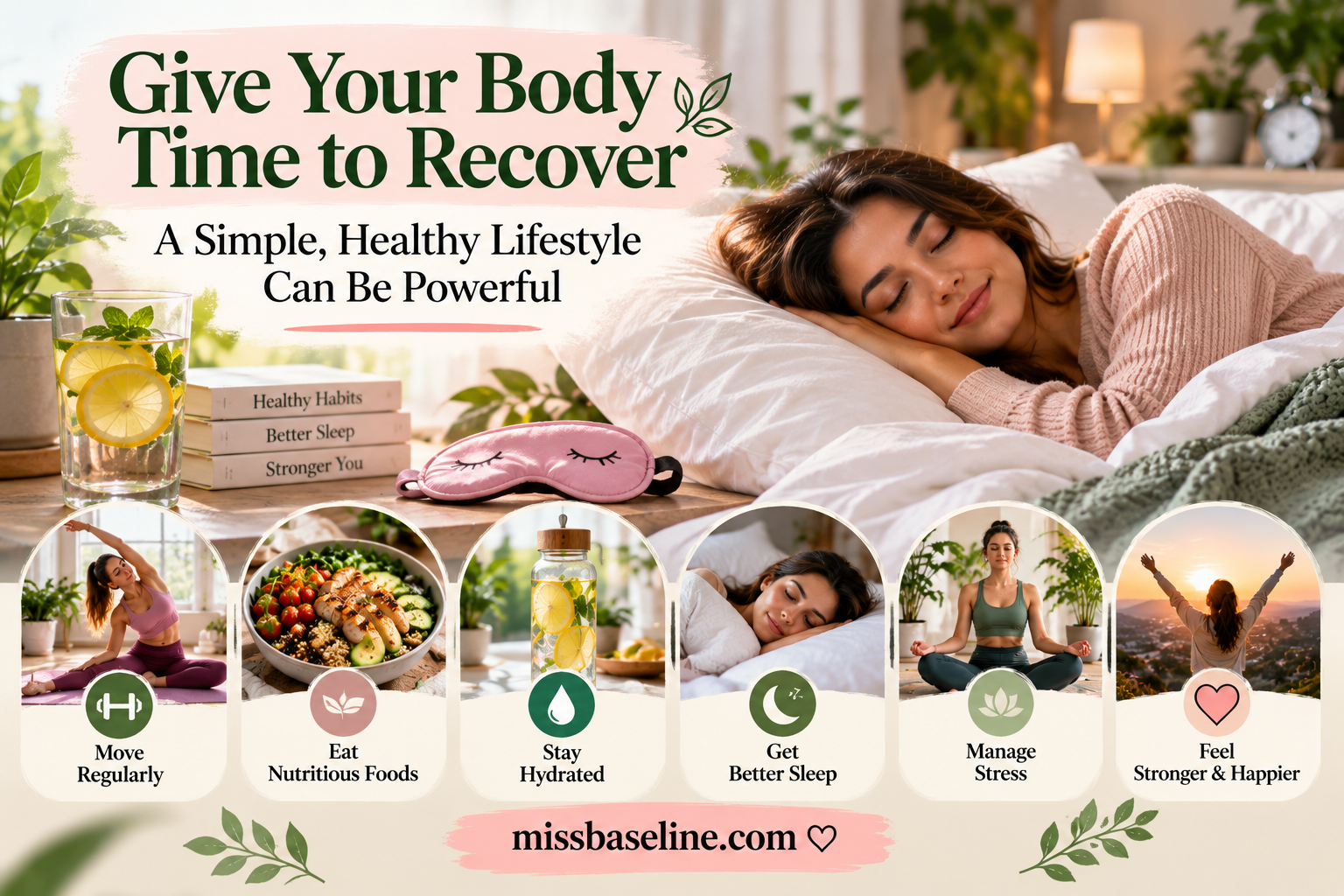 Healthy lifestyle and workout recovery with stretching, nutritious food, hydration, quality sleep, stress management and rest days
