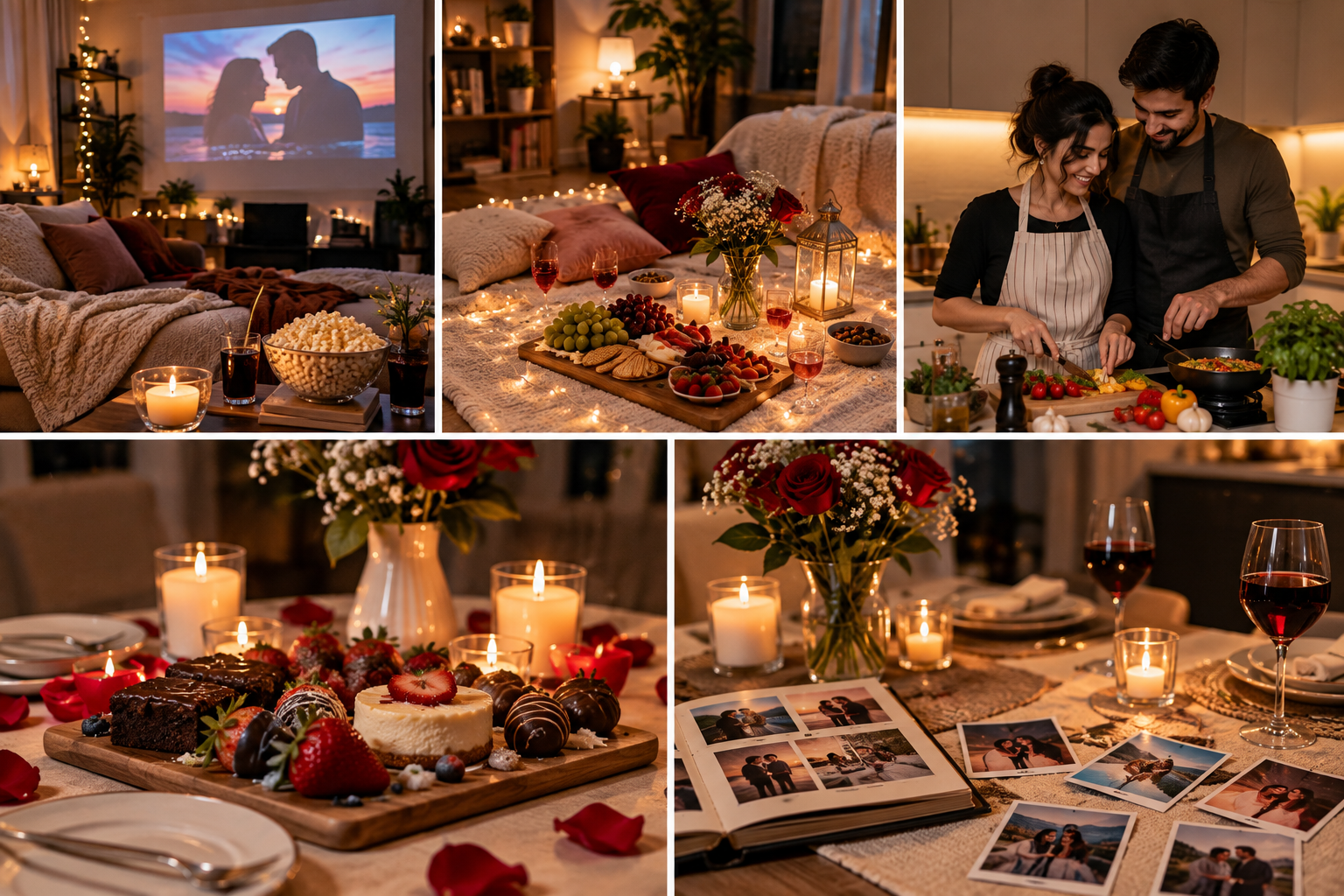 Romantic at-home date night featuring a cozy movie night, candlelight dinner, cooking together, desserts, and shared memories.