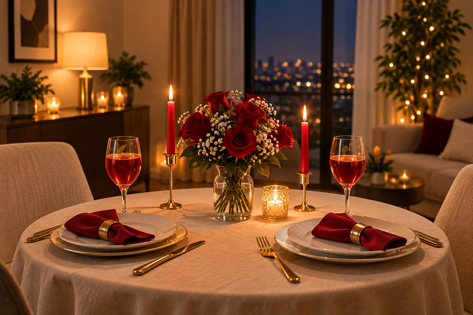 Romantic candlelit dinner table set for a date night at home
